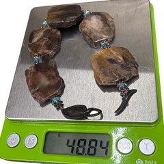 Vtg Petrified Wood Slab Panel Blue Crystal Bracelet Sterling Silver Leaf Clasp