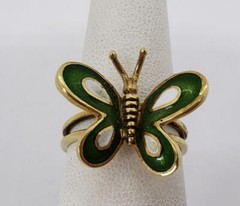 14k Yellow Gold White Green Enamel Butterfly Ring Vintage Size 6.5 R190