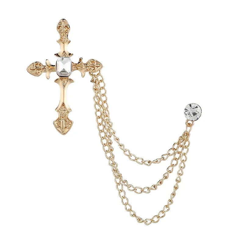 Metal Cross Brooch Crystal Rhinestone Tassel Chain Lapel Pin Fashion Men’s Gifts