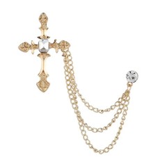 Metal Cross Brooch Crystal Rhinestone Tassel Chain Lapel Pin Fashion Men’s Gifts