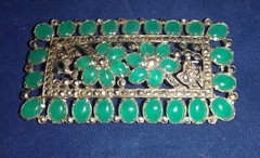 Antique Emerald Cabochon Flower Marcasite Pin Brooch Silver Tone Early 1900 RARE