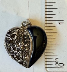 Vintage FAS Heart Shape Locket Pendant Sterling Silver 925 Black Onyx Marcasite