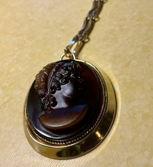Vintage Victorian Revival Cameo 36” Necklace Pressed Glass Brown Lady