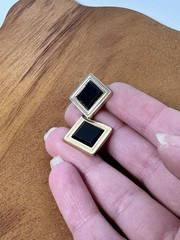 Vintage Cufflinks Square Gold-tone W/ Black Inlay Bullet Back Mens