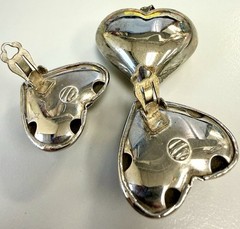 Vintage Silver Tone Puffed Heart Pendant Clip Earrings Set Modernist Statement