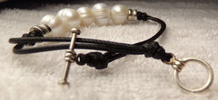VTG STERLING SILVER 5 LARGE FRESHWATER PEARL BEAD BLACK CORD BRACELET 7.5″ MINT