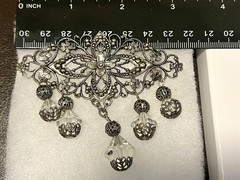 VINTAGE Marcasite Filigree 3″ Brooch w Glass Crystal Dangles Silver Tone Pin