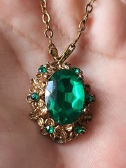 Vintage Jewelry, Green Stones and Chain Pendant, Antique Jewelry, Made in USSR