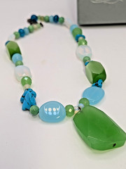 Vintage Blue Green Glass Pendant Necklace Satin Opalite