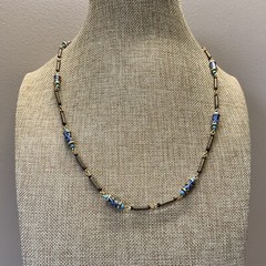 Vintage blue and gray acrylic bead necklace with spring ring clasp