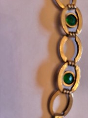 Vintage Gold Plated Green Glass Bracelet, Signed Simmons on clasp, 1940s/1950s
