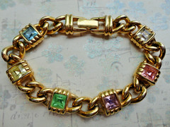 RARE VTG SIGNED S.A.L SWAROVSKI GOLDTONE MULTI COLOR CRYSTAL LINK CHAIN BRACELET
