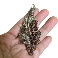 VTG Statement Leaf Floral Brooch 3.5 Inch Amber Brown Rhinestone Crystal Rhodium