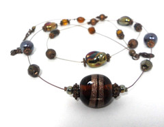 Vtg Art Glass Beaded Station Necklace Bohemian Murano Copper Iridescent 2 Strand
