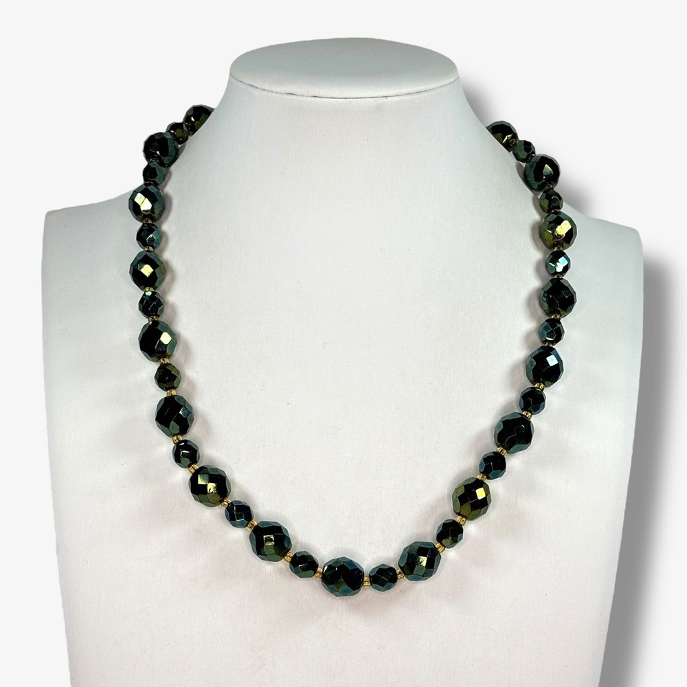 Vintage Czech Faceted Iridescent Peacock Blue Green Gold Glass Bead Necklace