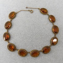 Antique Pre 1920s Czech Glass Necklace Brass Cognac Hue Stones 17″ Bold Estate