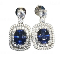 Cushion Cut Blue Sapphire Simulated Diamond Double Halo Drop Earrings 925 Silver