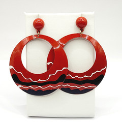 Large Metal Hoop Red Black White Enamel Hand Painted Pierced Vintage Earrings