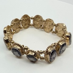 VTG Antique Gold Tone Smoky Gray Crystal Oval Panel Link Stretch Bracelet Boho