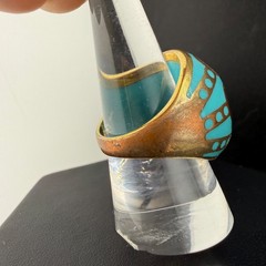 Enamel Dome Ring Blue Abstract Stainless Steel Gold Tone Size 8.75