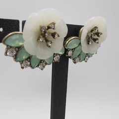 Vintage Rhinestone Earrings Floral Green White Acrylic Post For Pierced Ears