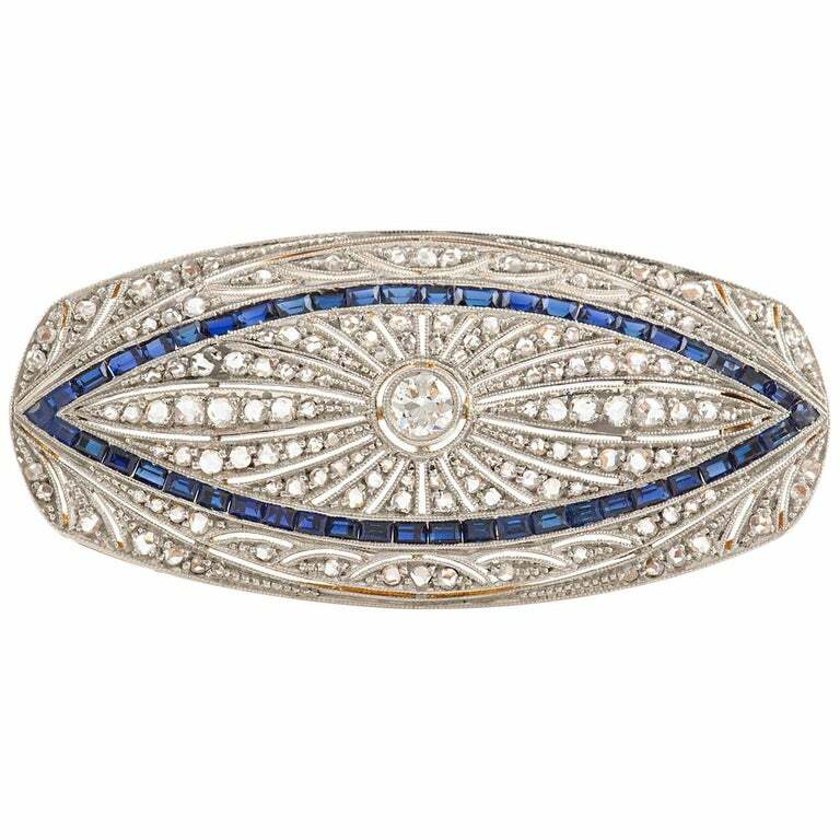 Gorgeous Art Deco Style Clear Blue Sapphire With Shiny White CZ 3.51TCW Brooches