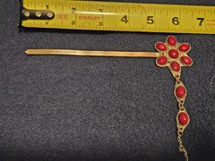 Vintage Central Asian Ethnic Hair Stick Pin Brooch Handcrafted Metal Red Glass