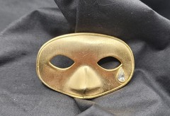 Vtg Mask with Clear Rhinestone Tear Brooch Pin Gold Tone 3D Masquerade Motif
