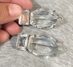 Vintage Pair Of Deco Czech? Clear Crystal Pin Brooch Silver Tone