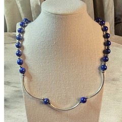 Modernist Blue Bead Necklace Silver Tone Curved Bar Sculptural Statement