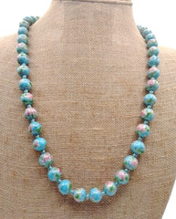 Vintage Hand Painted Faux Cloisonne Porcelain Bead Knotted Necklace Blue 25″