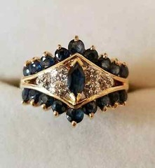 Art Deco Style Marquise Sapphire & Lab Created Diamond 14K Yellow Gold FN Ring