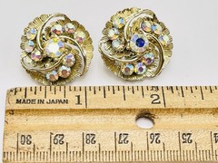 Round Gold Tone Swirl Clear Rhinestone Aurora Borealis AB Clip on Earrings VTG