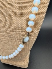 VINTAGE OPALITE OR OPALINE OPALESCENT GLASS BEAD NECKLACE HAND KNOTTED 23″