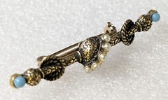Vintage Etruscan Revival Seed Faux Pearls & Tiny Blue Cabs Bar style Brooch