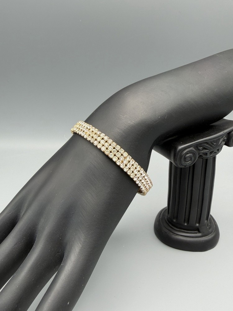 Vintage Gold-Tone Triple Row Rhinestone Cuff Bracelet Stretch Coil Sparkly