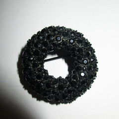 3 Vintage Mid-Century Jet Black Rhinestone Brooches Set Japanned Metal