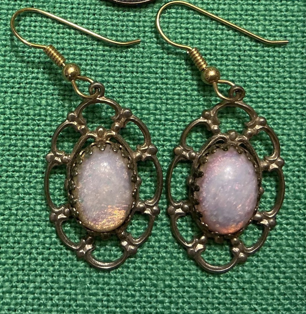 Iridescent Opalite‑Style Dangle Earrings Pierced Hook Vintage Estate Jewelry
