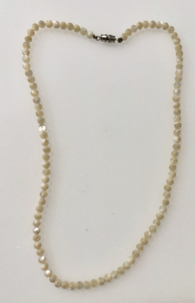 Vintage Costume Jewelry Necklace carved mother of pearl white 5mm beads 19 in.