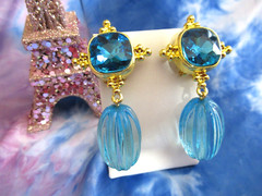 Chunky Statement Earrings Gold Tone Sky Blue Gemstone Pierced Drop Dangle