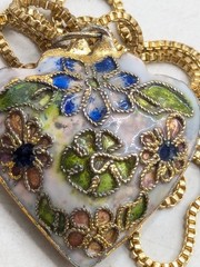 Vintage Cloisonne Floral Puffy Heart Pendant Gold Tone Necklace
