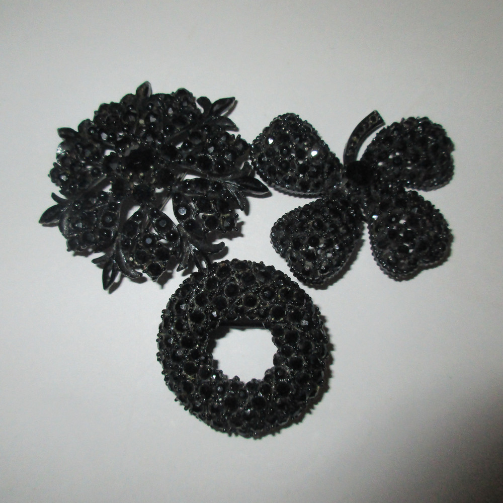 3 Vintage Mid-Century Jet Black Rhinestone Brooches Set Japanned Metal