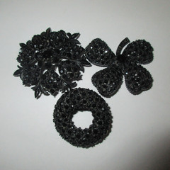 3 Vintage Mid-Century Jet Black Rhinestone Brooches Set Japanned Metal
