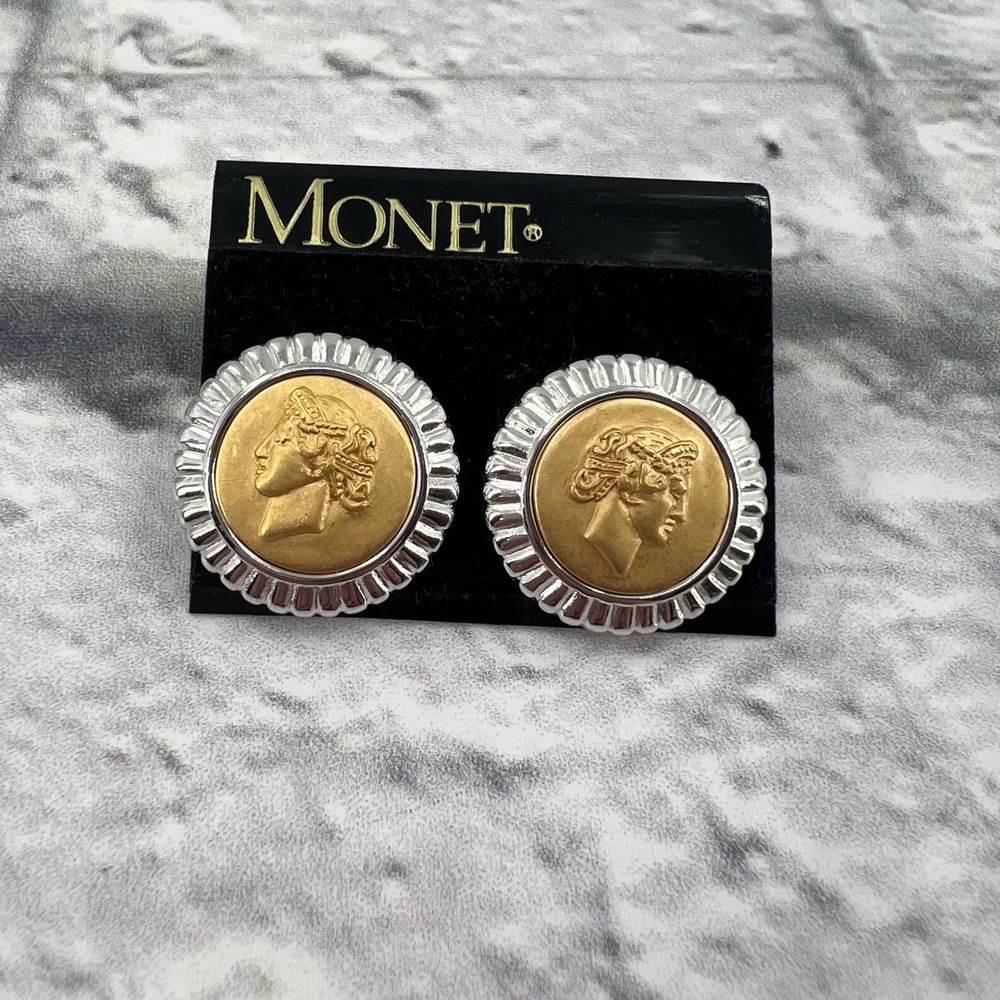 New Monet Vintage Greek Roman Coin Stud Earrings Two Tone Gold Silver Vintage
