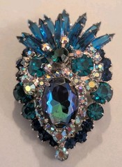 DeLizza Elster Juliana Blue Green Rhinestone Brooch Earrings Verified Authentic