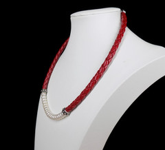 Vintage Honora Pearl Collar Necklace Red Braided Leather 925 Sterling Silver