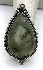 Vintage Sterling Silver / 925 Large Teardrop Green Prehnite Ring Size 11.5