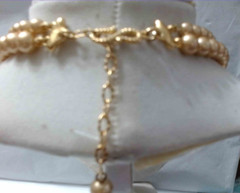VTG Double Strand Creamy Beige Faux Pearls Honey Amber Rhinestone Bead Necklace