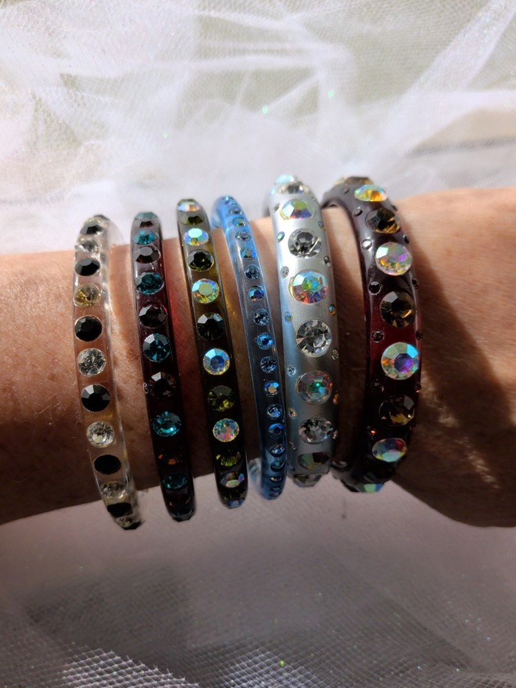 Vintage Y2K Lucite Rhinestone Bangle Bracelet Lot of 6 AB Crystal Brown Tones…