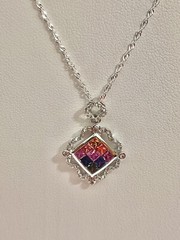 Vintage Rainbow Color Faceted Square Sterling 925 Diamond Shape Pendant Necklace